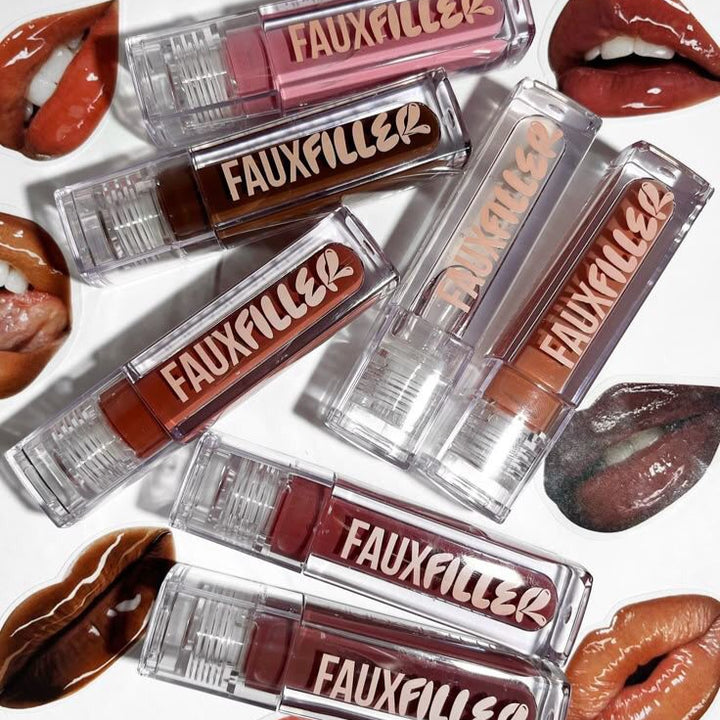 Fauxfiller lip glosses with visible text on a white background with lips.