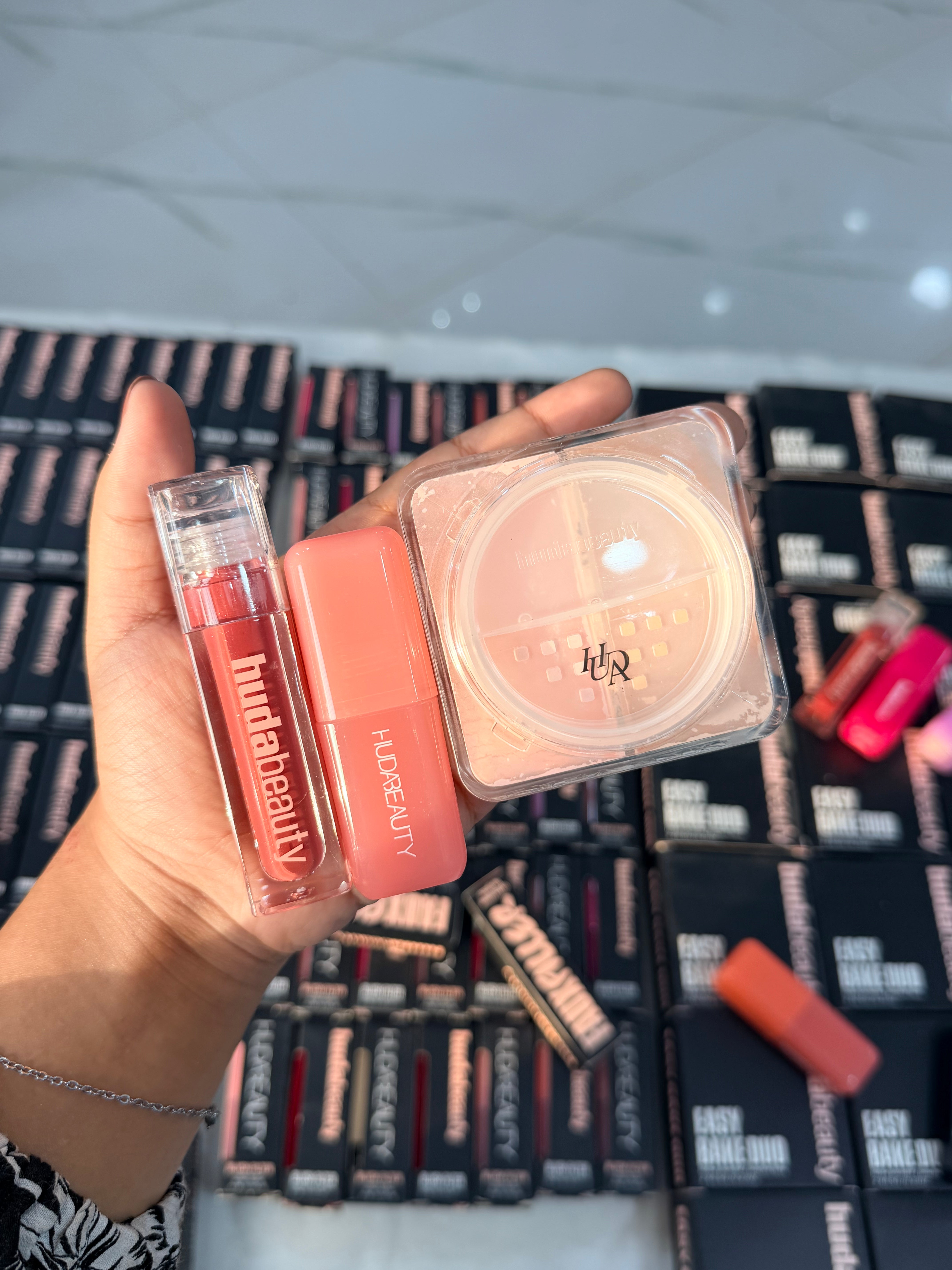 DEAL # 1 HUDA BEAUTY EASY BAKE LOSSE POWDER DUO + LIQUID BLUSH + FAUX FILTER LIPGLOSS  ( we will call to confirm shades )