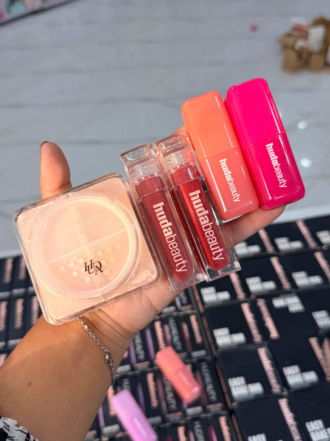 DEAL # 1 HUDA BEAUTY EASY BAKE LOSSE POWDER DUO + LIQUID BLUSH + FAUX FILTER LIPGLOSS  ( we will call to confirm shades )