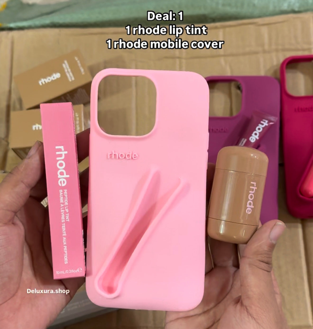 deal 2 , 1 rhode lip tint 1 rhode blush and  1 phone case , we will call to conform shade and size
